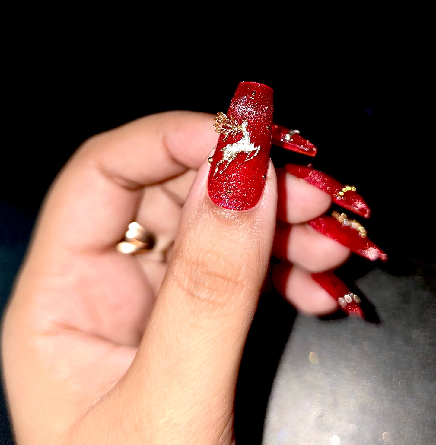 “Holiday Sparkle Nail Set – Red Glitter with Reindeer & Rhinestones”