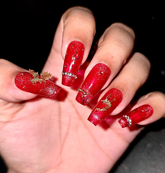“Holiday Sparkle Nail Set – Red Glitter with Reindeer & Rhinestones”