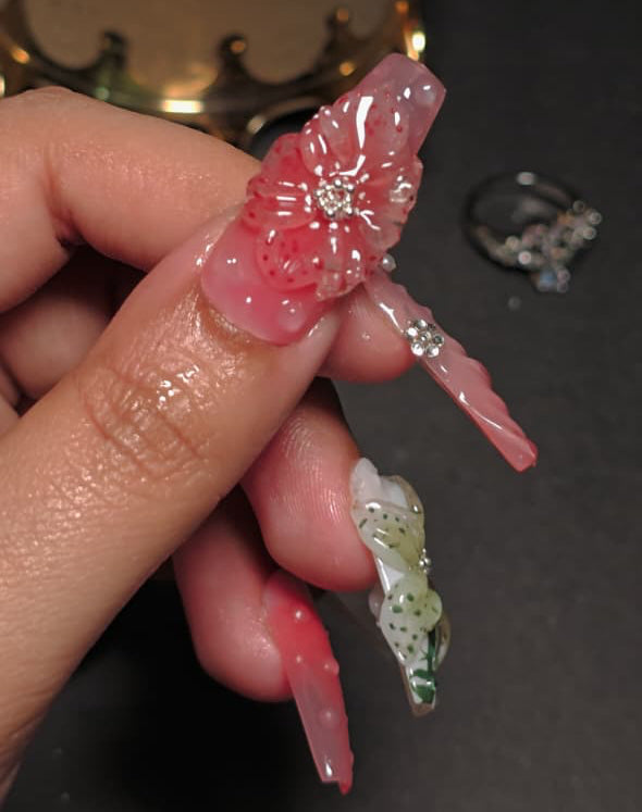 3D Floral Jelly Nails – Pink & White Blossom Design