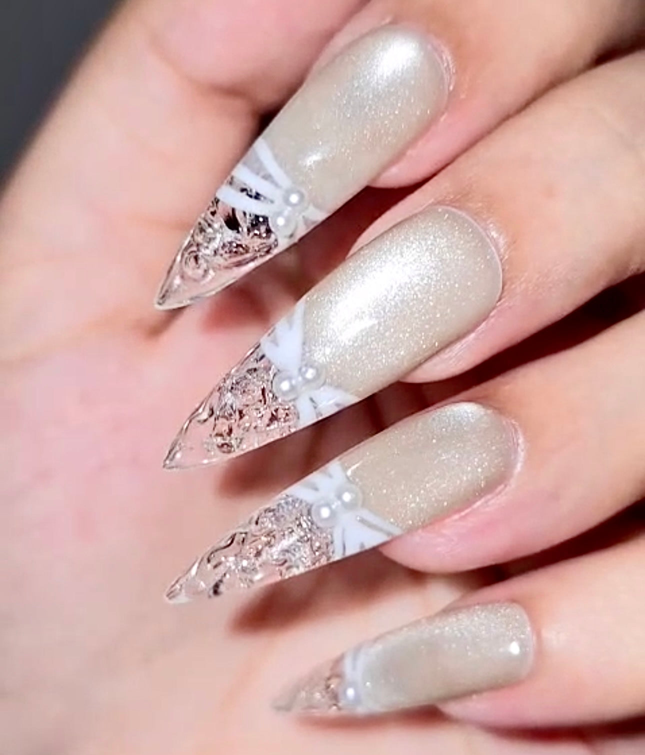 Elegant Crystal Bridal Nails – White Lace & Shimmer Design