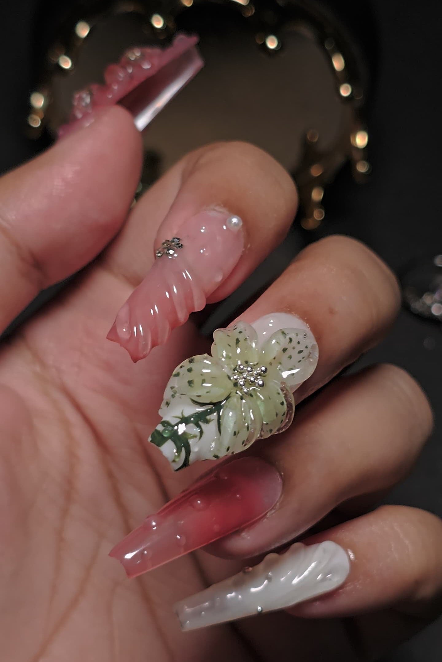 3D Floral Jelly Nails – Pink & White Blossom Design
