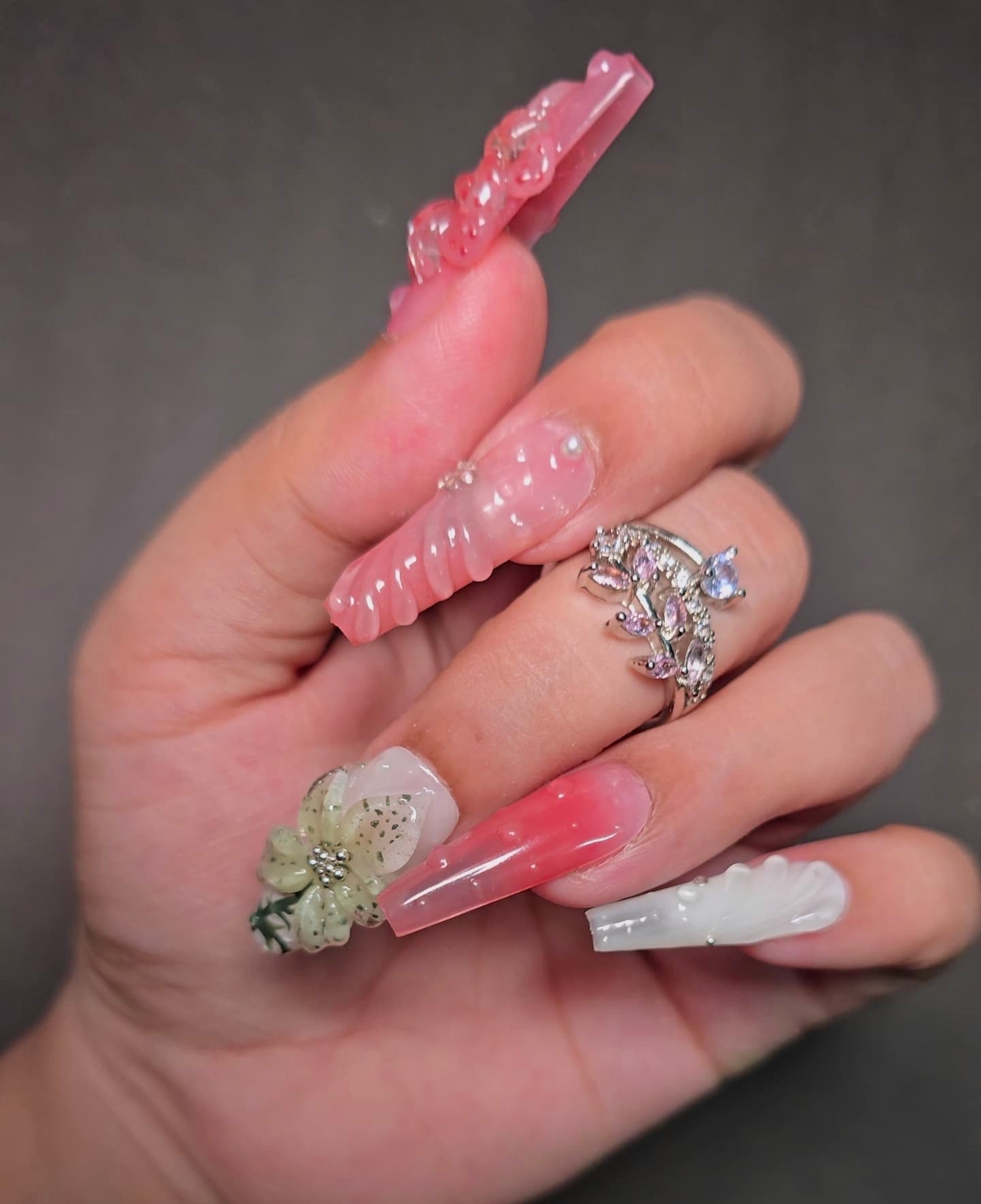 3D Floral Jelly Nails – Pink & White Blossom Design