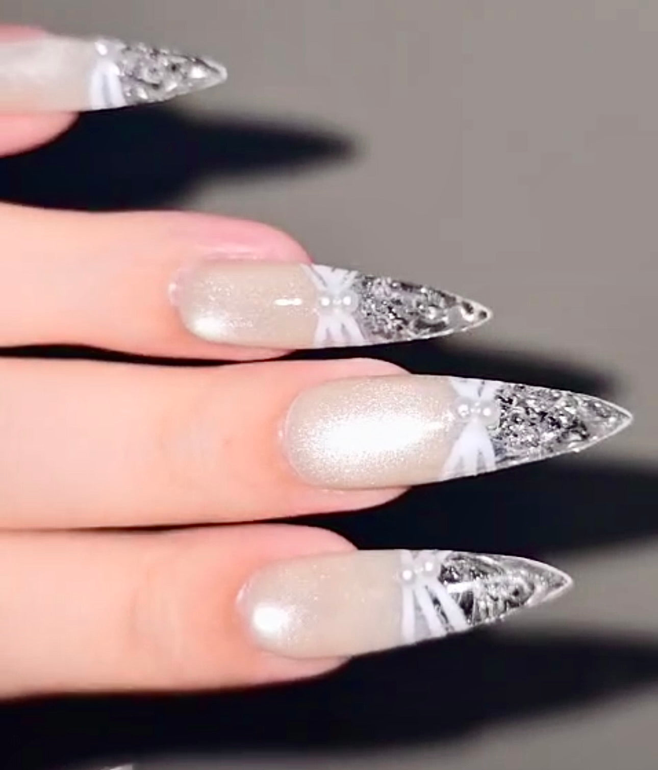 Elegant Crystal Bridal Nails – White Lace & Shimmer Design