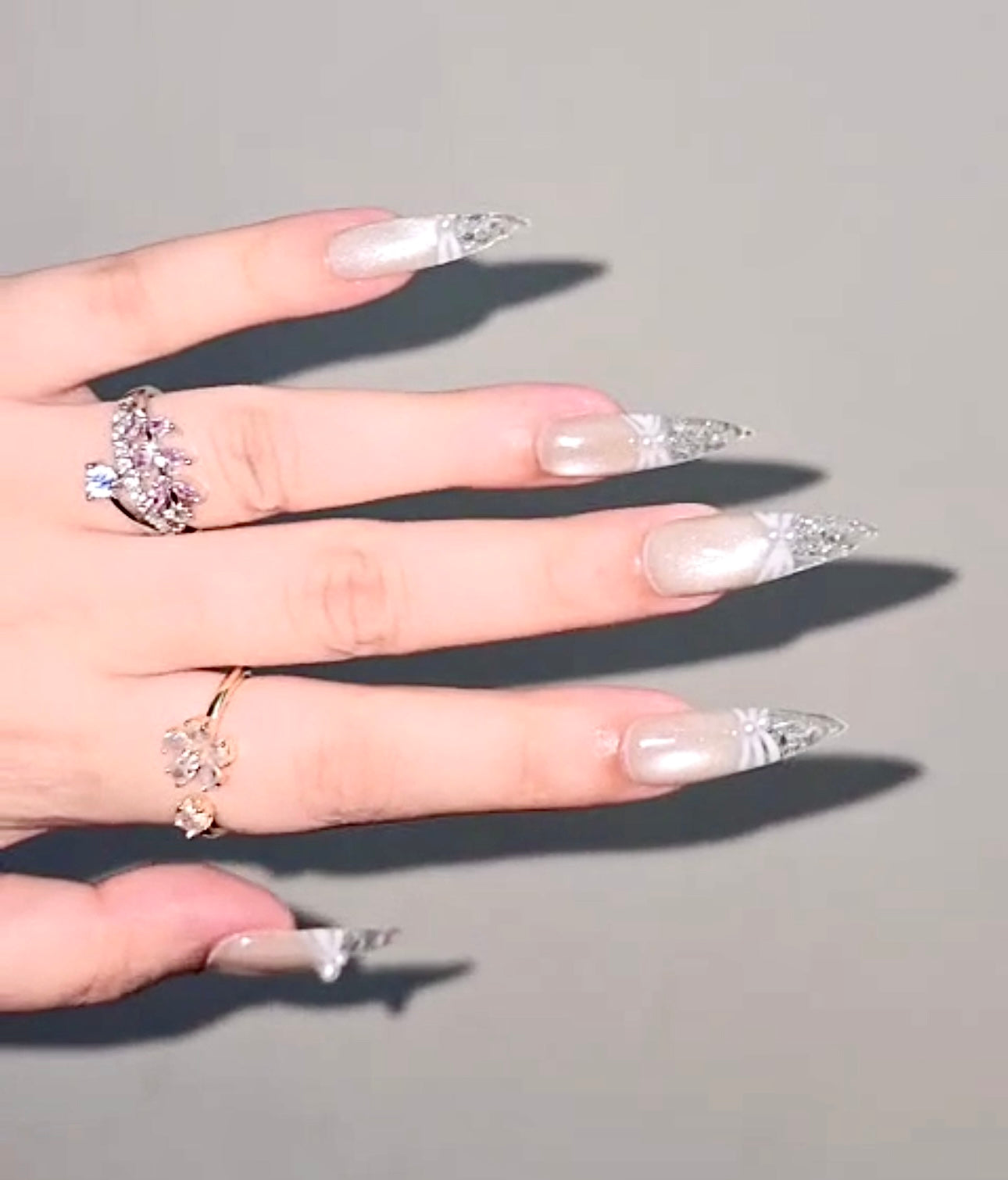Elegant Crystal Bridal Nails – White Lace & Shimmer Design
