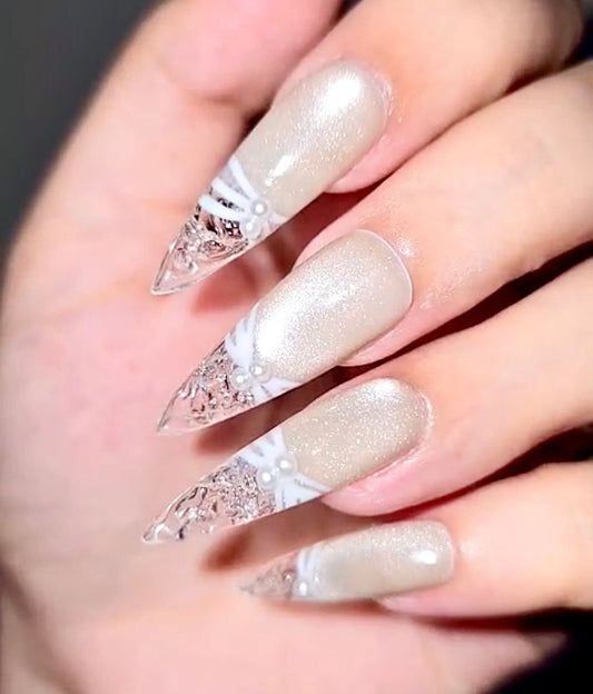 Elegant Crystal Bridal Nails – White Lace & Shimmer Design