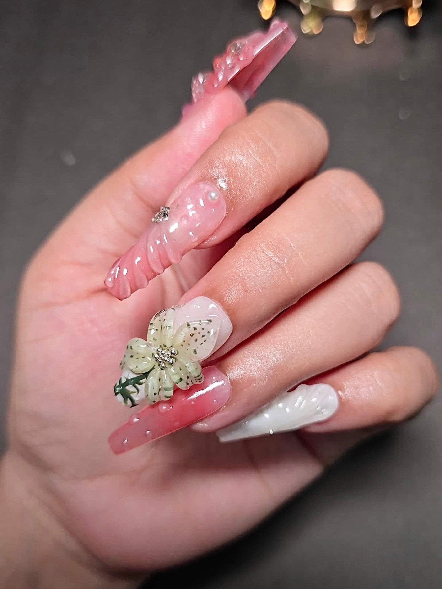 3D Floral Jelly Nails – Pink & White Blossom Design