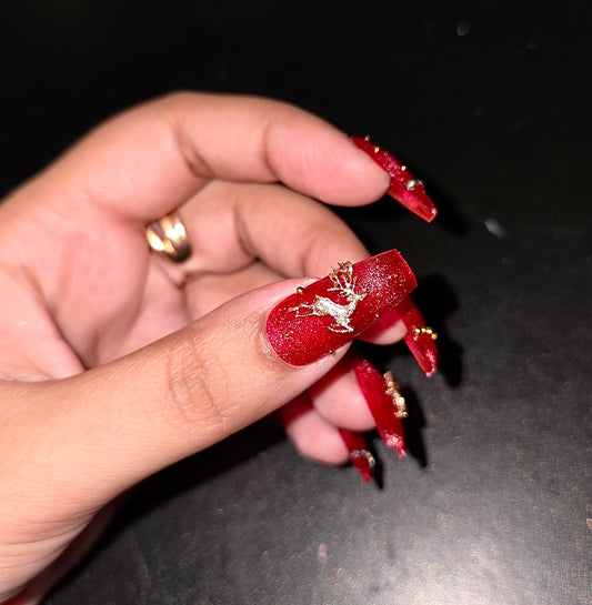 “Holiday Sparkle Nail Set – Red Glitter with Reindeer & Rhinestones”