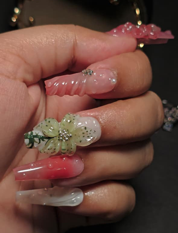 3D Floral Jelly Nails – Pink & White Blossom Design