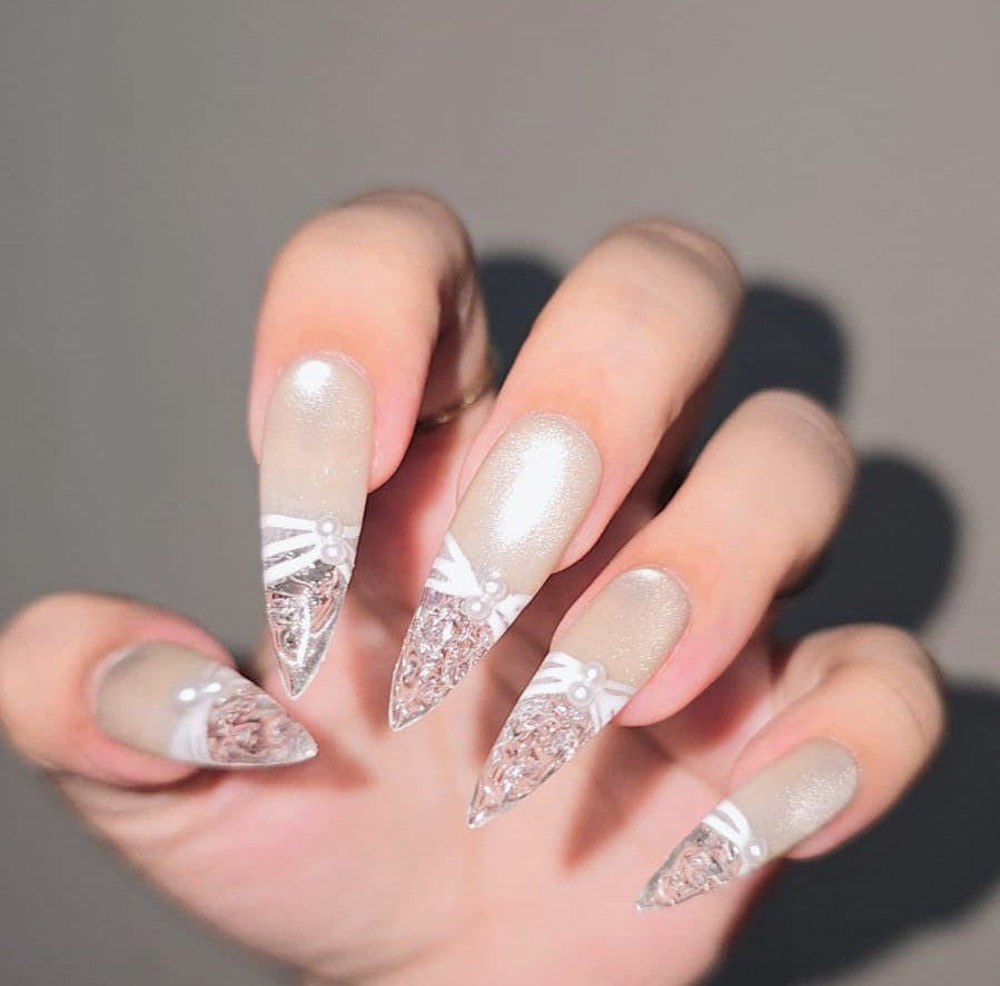 Elegant Crystal Bridal Nails – White Lace & Shimmer Design
