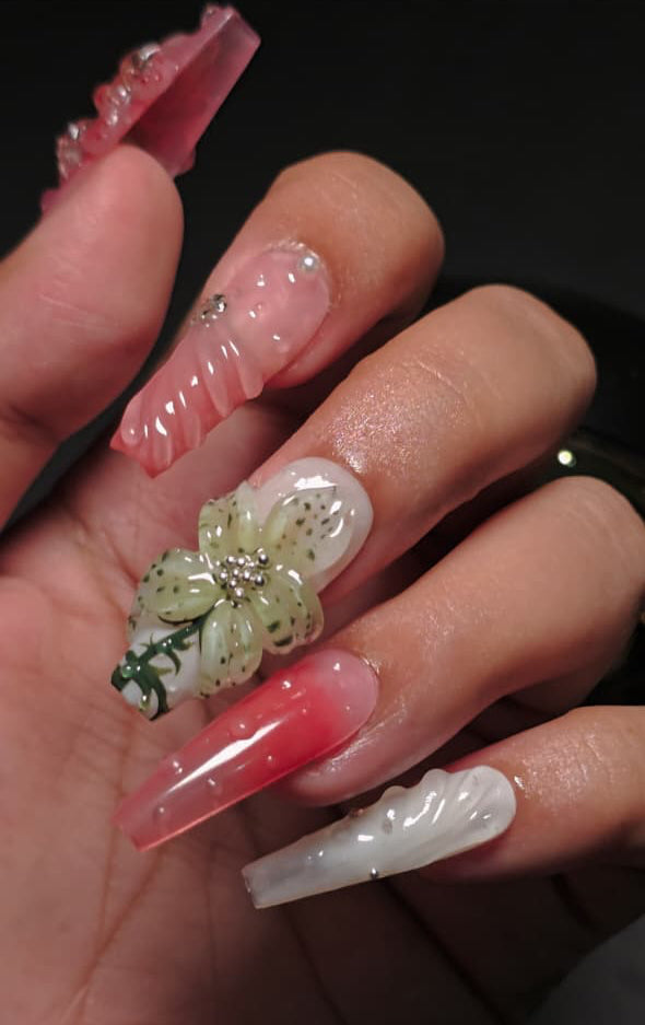 3D Floral Jelly Nails – Pink & White Blossom Design