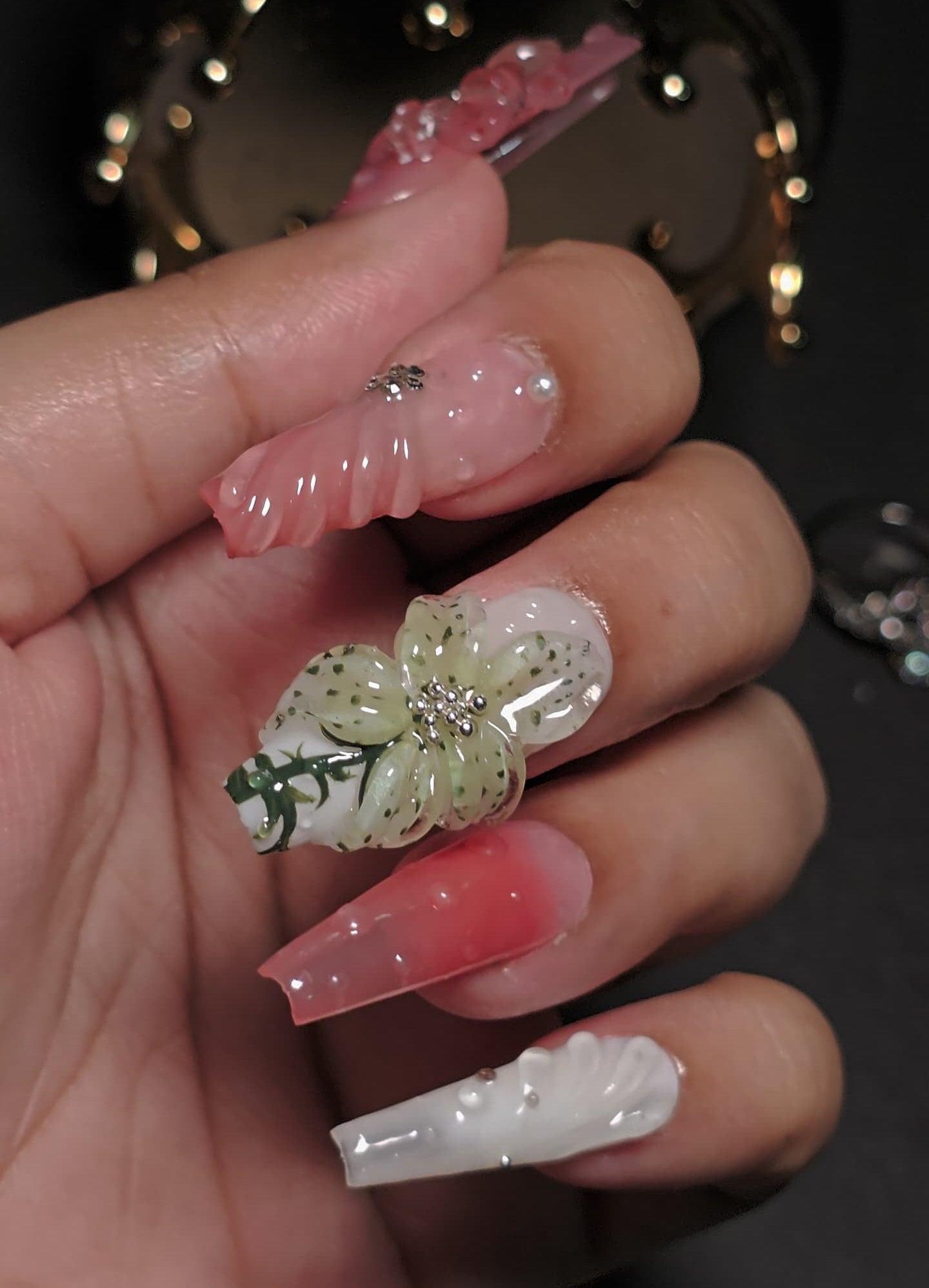 3D Floral Jelly Nails – Pink & White Blossom Design
