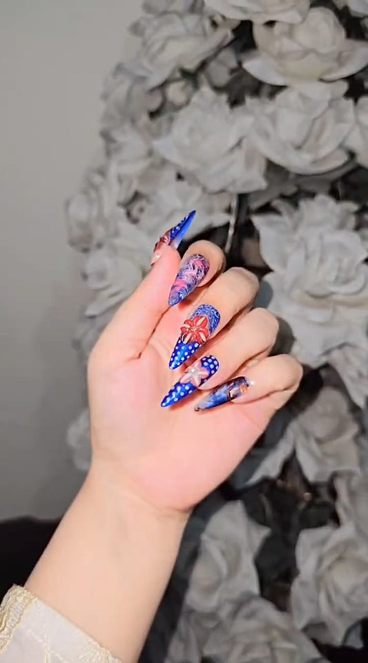 “Blue Garden Glow – 3D Flower Press-Ons”